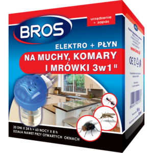 BROS Elektrofumigator + płyn 40ml na muchy komary i mrówki 3w1